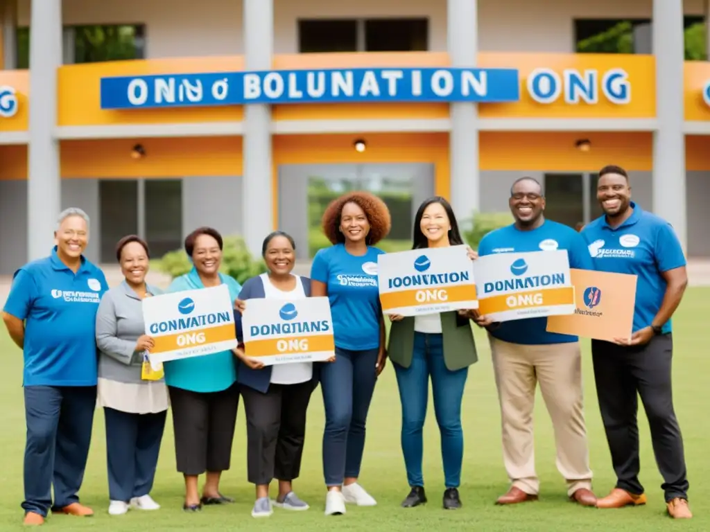 Un grupo diverso de voluntarios y beneficiarios sonríen frente a la ONG, mostrando carteles que destacan el impacto de las donaciones anuales