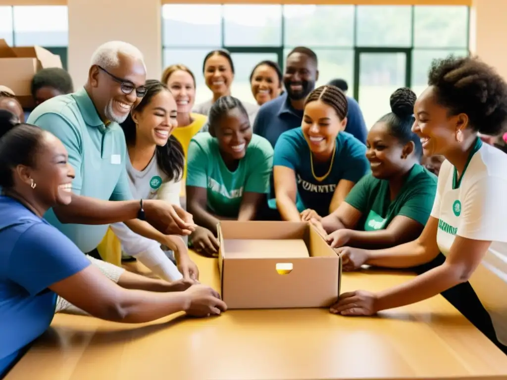 Un grupo diverso de voluntarios y beneficiarios se reúnen en un centro comunitario, organizando donaciones con gratitud y esperanza