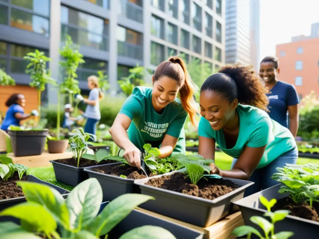 Un grupo diverso de voluntarios colabora en un bullicioso jardín urbano, aportando a la agricultura urbana