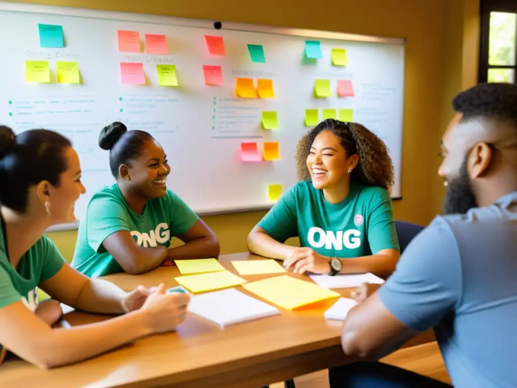 Un grupo diverso de voluntarios con camisetas de la ONG colabora en una mesa, rodeados de luz natural, sticky notes y diagramas