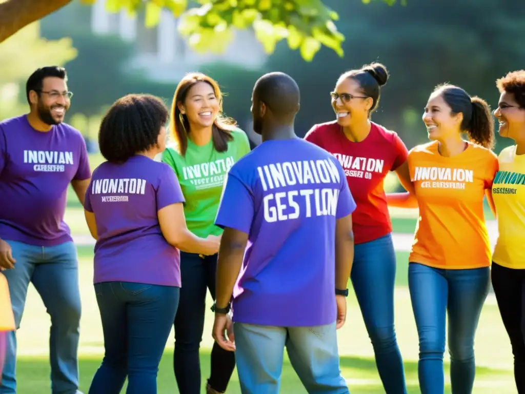 Un grupo diverso de voluntarios con camisetas coloridas de una ONG, discuten animadamente en un parque soleado