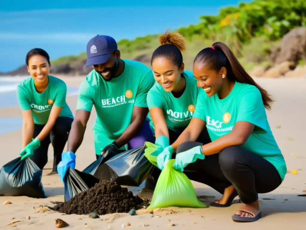 Grupo diverso de voluntarios con camisetas de identidad visual ONG reputación online, limpiando la playa y plantando árboles