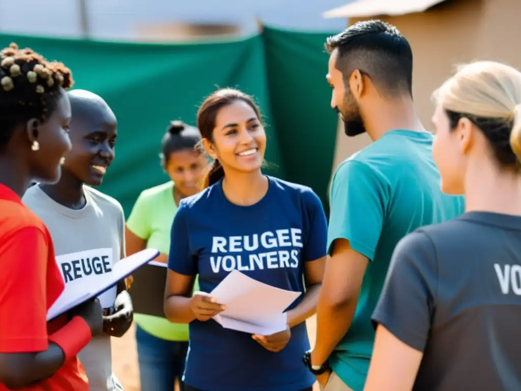 Grupo diverso de voluntarios en campamento de refugiados, en diálogo con coordinador local