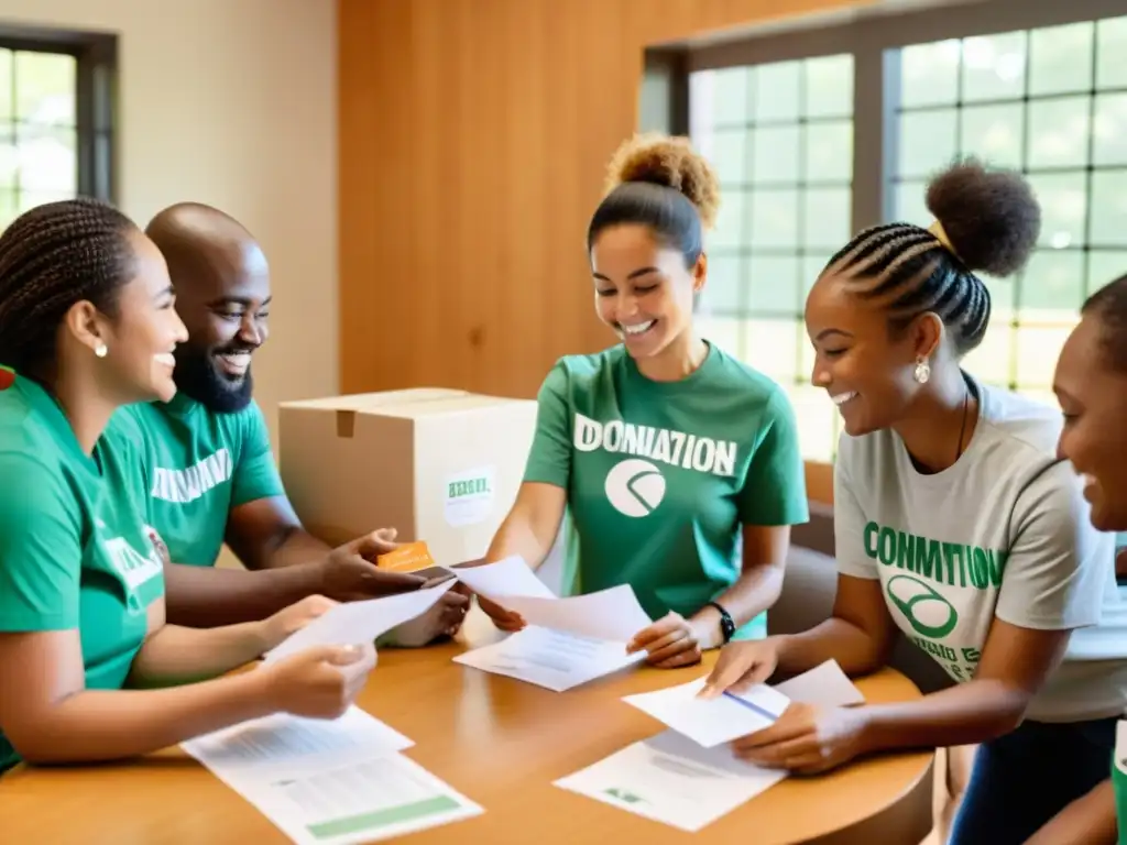 Grupo diverso de voluntarios en campaña de donaciones, intercambiando ideas para consejos email marketing ONGs con entusiasmo y propósito comunitario