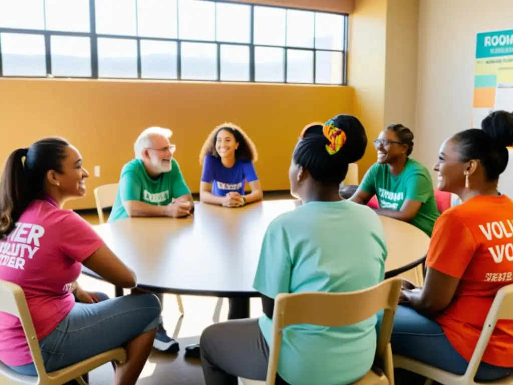 Un grupo diverso de voluntarios se reúne en un centro comunitario, discutiendo apasionadamente sobre la gestión de voluntarios en ONGs