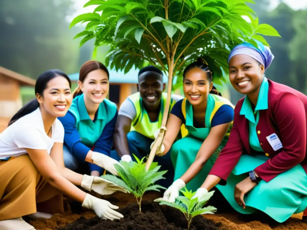 Grupo diverso de voluntarios construyendo un centro comunitario, resaltando la importancia de la diversidad cultural en el voluntariado de ONG