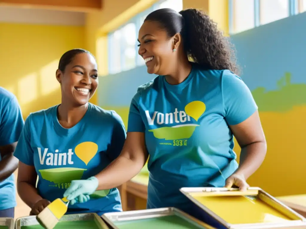 Un grupo diverso de voluntarios pintando un centro comunitario en un vecindario de bajos ingresos