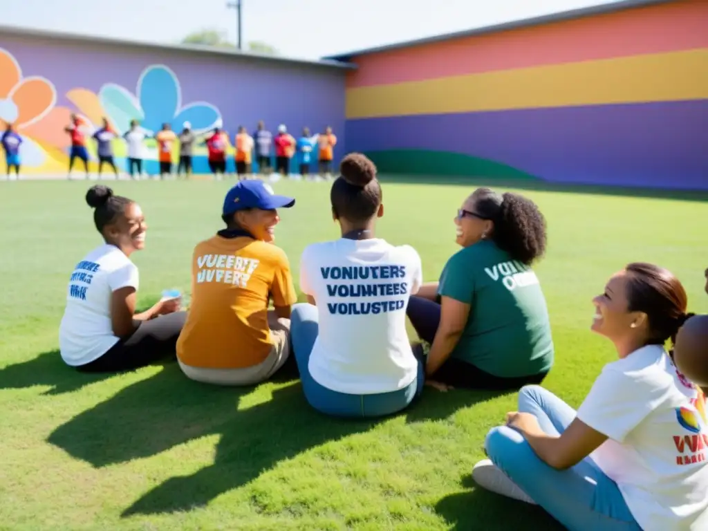 Un grupo diverso de voluntarios se reúne en círculo, discutiendo en la hierba frente a un centro comunitario con murales coloridos y niños jugando