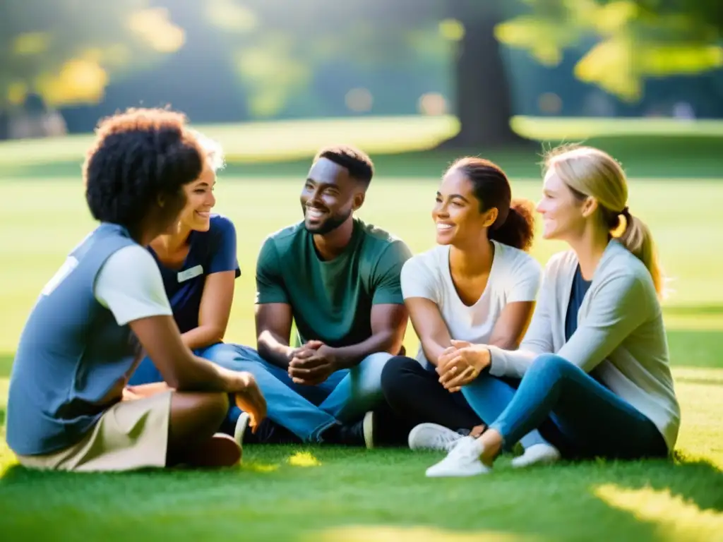 Grupo diverso de voluntarios en círculo, conversando en el parque