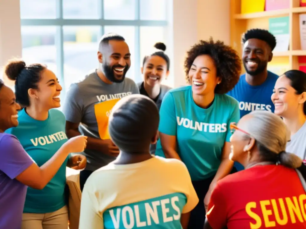 Un grupo diverso de voluntarios se reúne en círculo, compartiendo risas y participando en una animada discusión