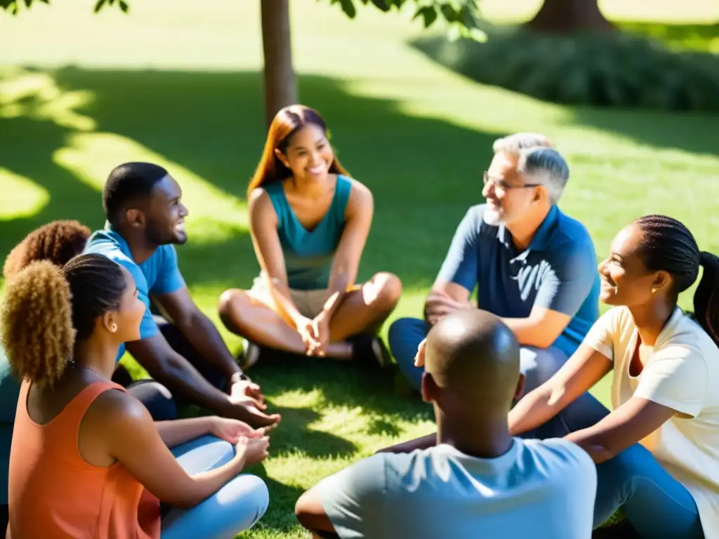 Grupo diverso de voluntarios en círculo, dialogando con expresiones atentas y gestos