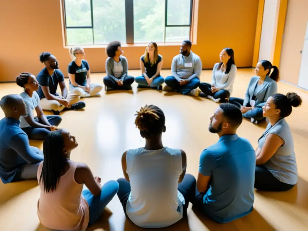 Grupo diverso de voluntarios participando en un círculo de discusión en un taller de bienestar mental