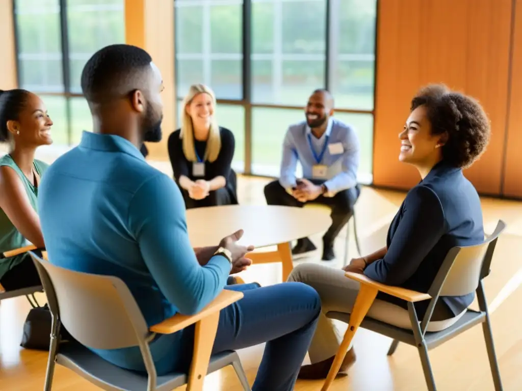 Grupo diverso de voluntarios dialogando en círculo, con mediador en centro