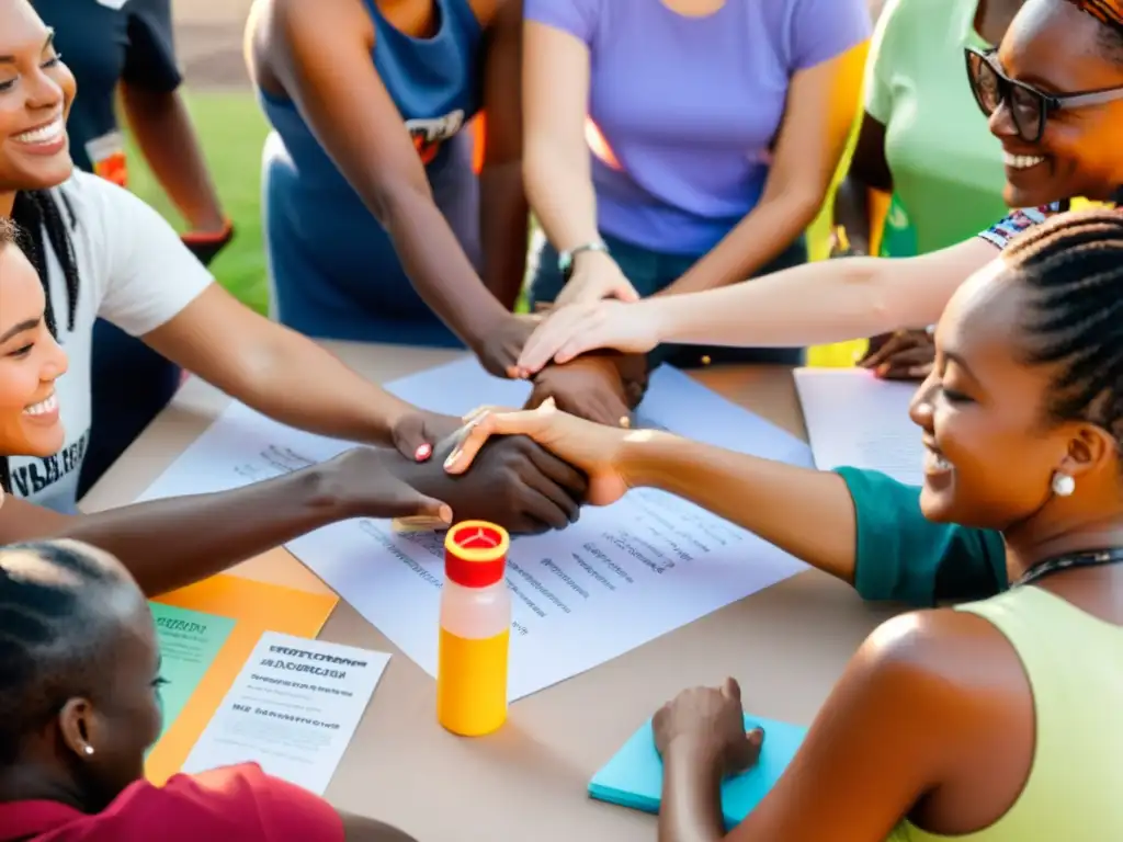 Un grupo diverso de voluntarios se reúnen en círculo, sonriendo y colaborando en un proyecto comunitario al atardecer