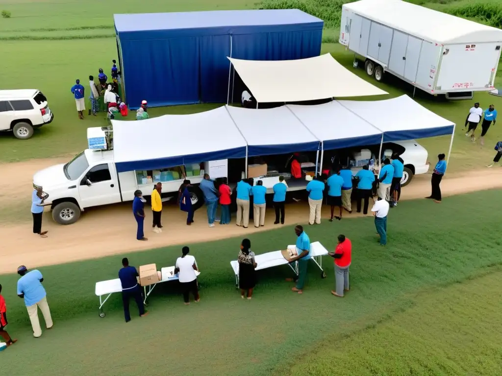 Un grupo diverso de voluntarios monta una clínica de salud móvil en una comunidad rural, mientras una fila de personas espera atención médica