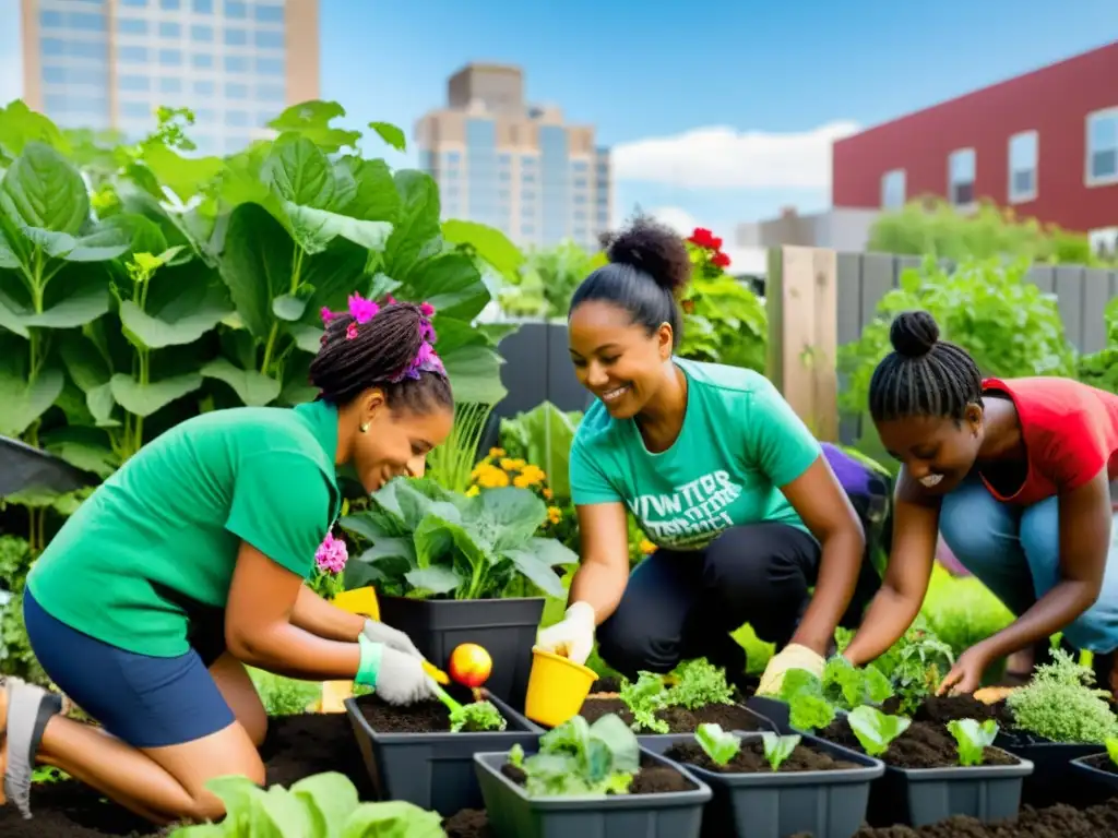 Grupo diverso de voluntarios potenciando competencias en ONG al construir jardín sostenible en comunidad urbana