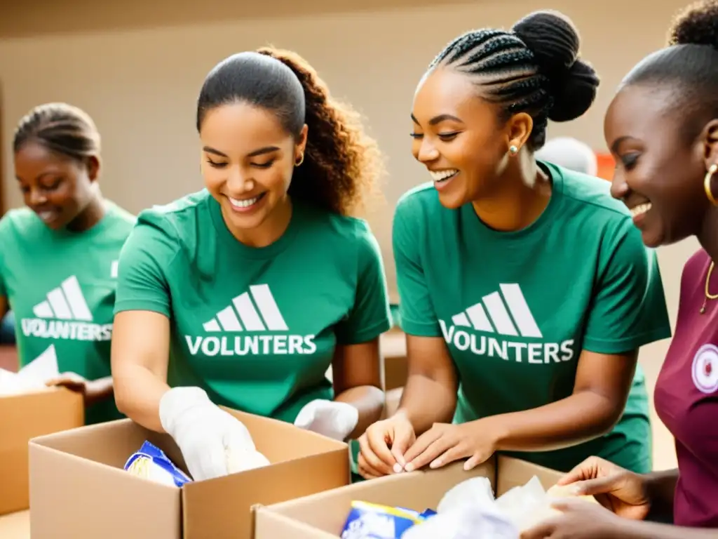 Un grupo diverso de voluntarios comprometidos colabora en un centro comunitario, organizando donativos en paquetes de ayuda