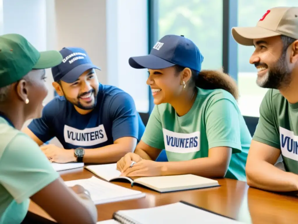 Un grupo diverso de voluntarios comprometidos se reúne alrededor de una mesa, discutiendo estrategias para maximizar impacto ONG