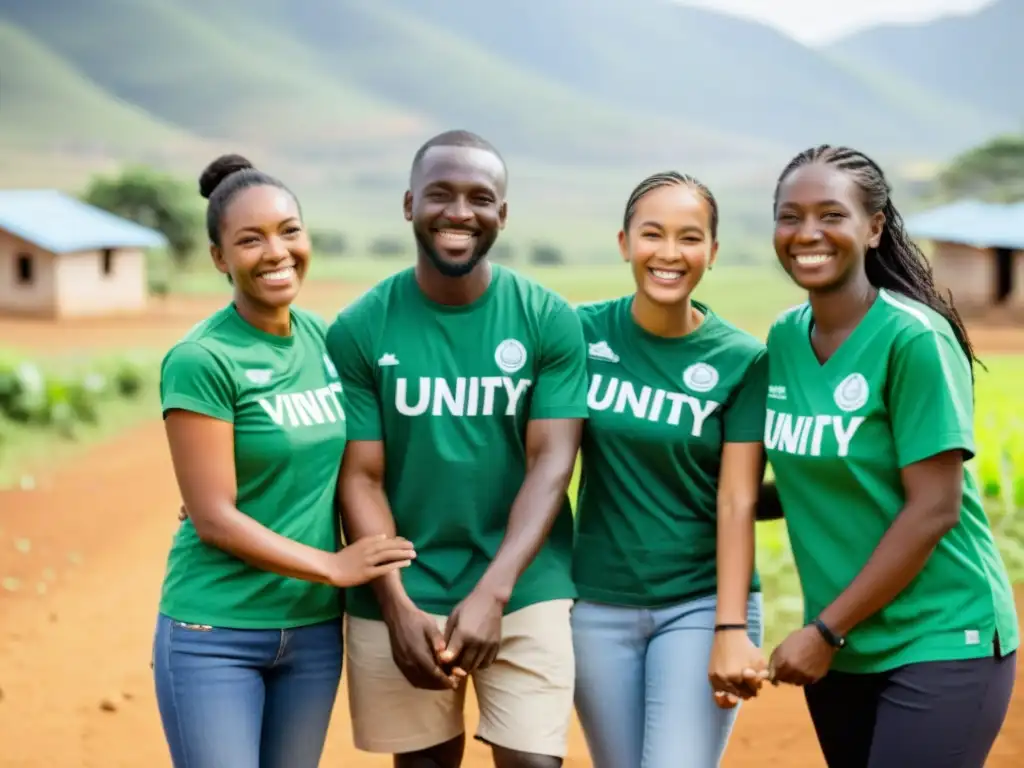 Un grupo diverso de voluntarios de una ONG se unen, sonriendo y trabajando en comunidad en una zona rural