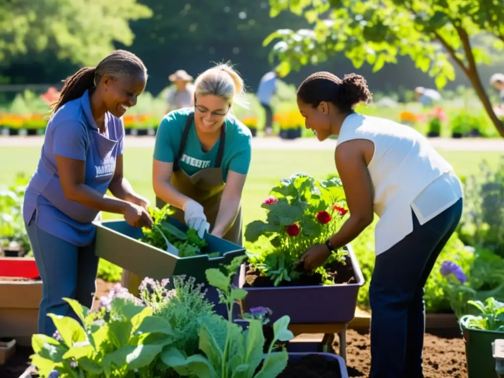 Un grupo diverso de voluntarios colabora en un jardín comunitario, mostrando inclusión y equidad en voluntariado