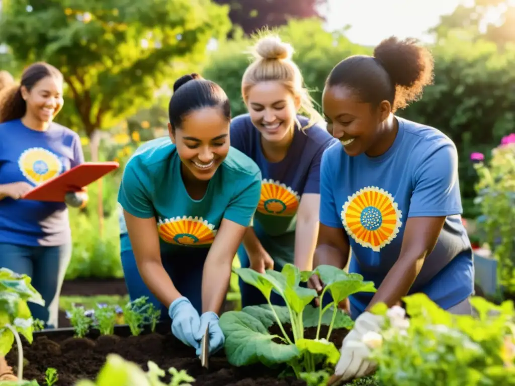 Un grupo diverso de voluntarios colaborando en un jardín comunitario, representando la inclusión y equidad en voluntariado