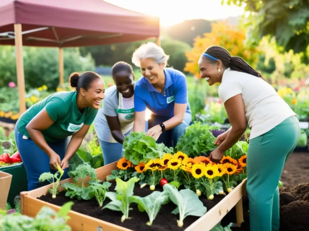 Un grupo diverso de voluntarios trabaja sonriendo y riendo en un jardín comunitario al atardecer