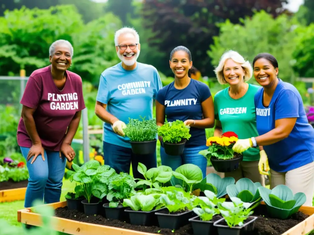 Un grupo diverso de voluntarios colabora en un jardín comunitario, plantando, regando y sonriendo