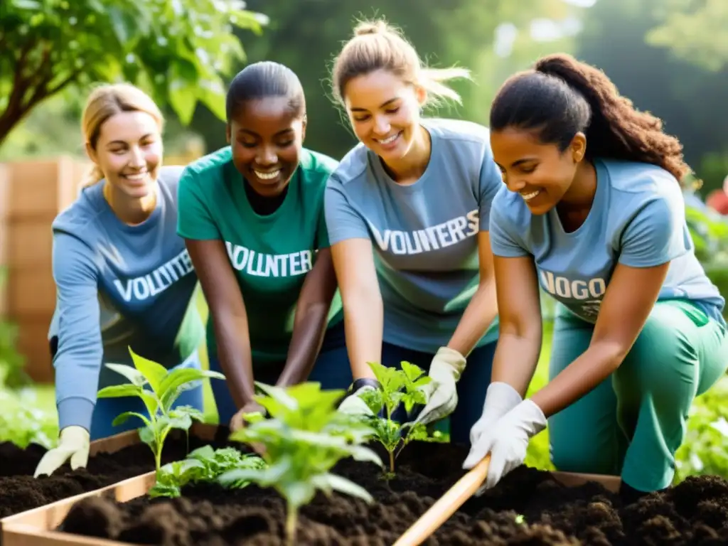 Un grupo diverso de voluntarios colabora en un jardín comunitario, plantando árboles y conectando con residentes locales