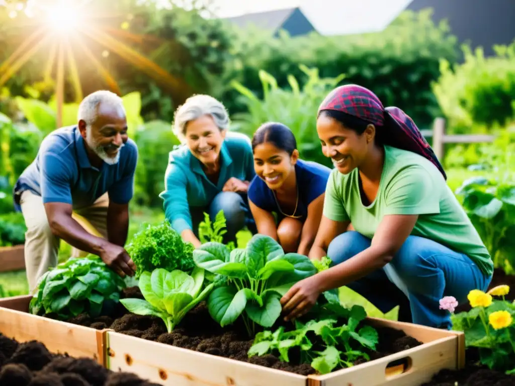 Un grupo diverso de voluntarios trabaja en un jardín comunitario, reflejando el espíritu de desarrollo sostenible y colaboración