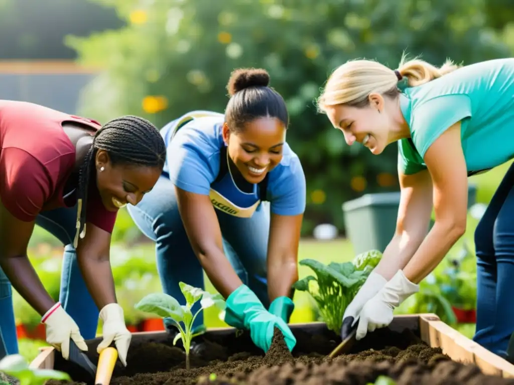 Un grupo diverso de voluntarios trabaja en un jardín comunitario bajo el cálido sol