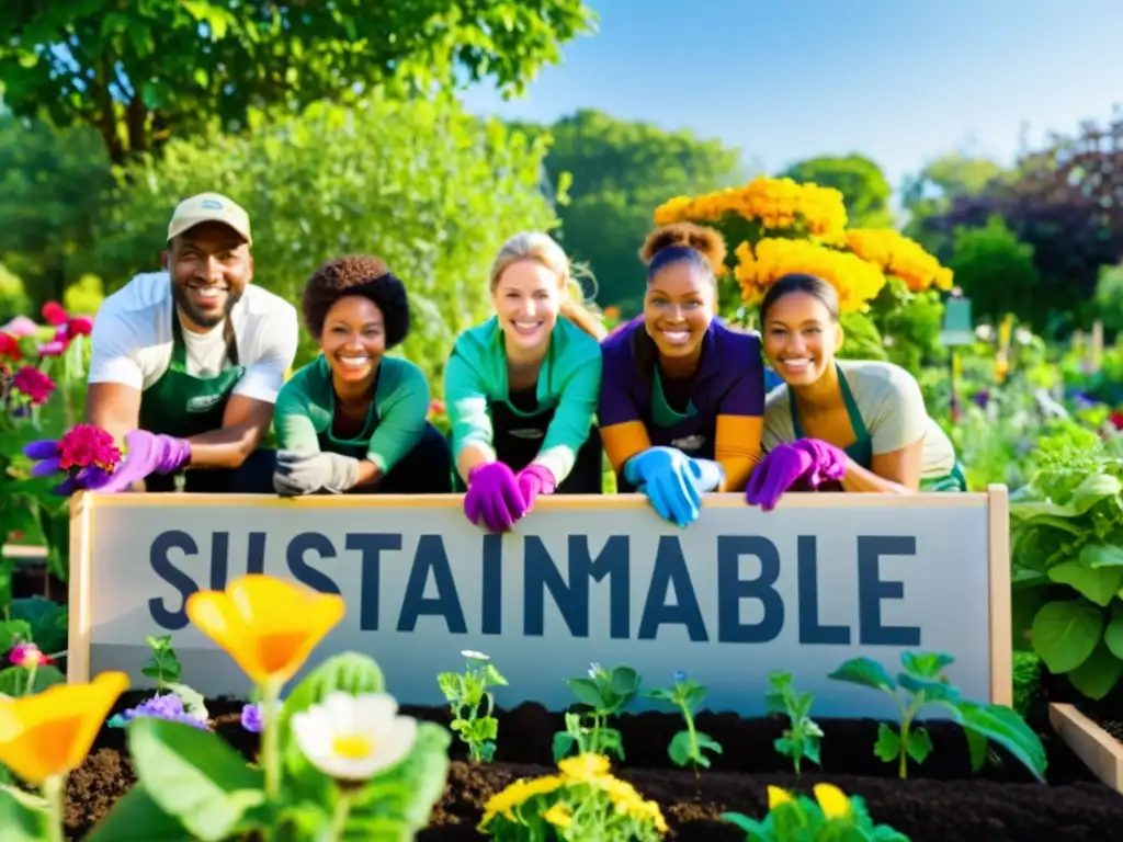 Un grupo diverso de voluntarios trabaja en un jardín comunitario sostenible, rodeado de vegetación vibrante y flores coloridas