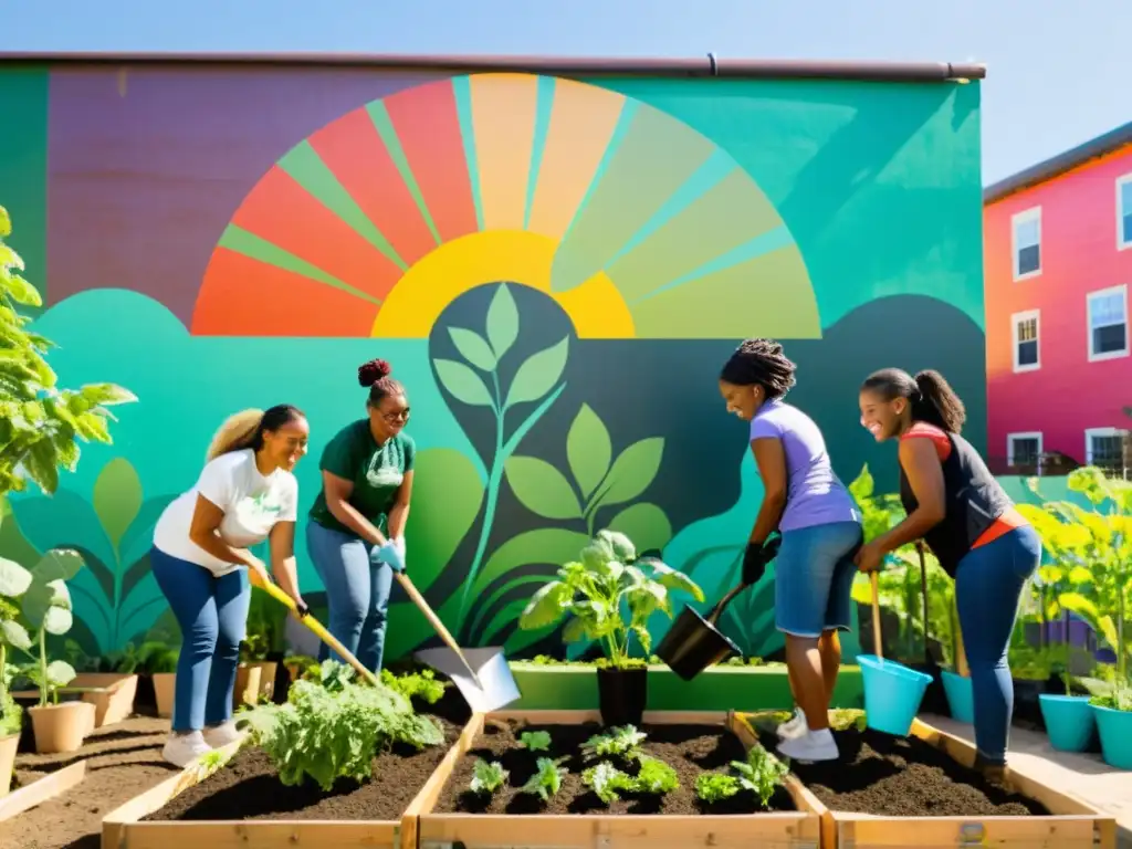 Un grupo diverso de voluntarios trabaja en un jardín comunitario, mostrando unidad y alegría