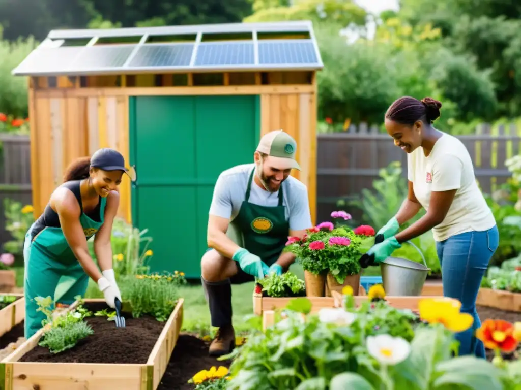 Un grupo diverso de voluntarios trabaja en un jardín comunitario con ropa sostenible y rodeado de naturaleza