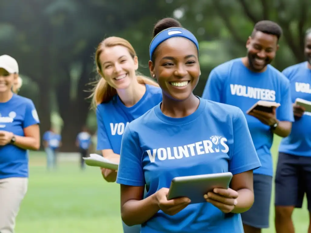 Un grupo diverso de voluntarios sonríe mientras realiza un crowdsourcing de datos para ONGs en un parque, transmitiendo colaboración y propósito