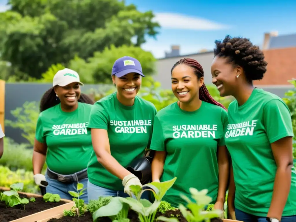 Un grupo diverso de voluntarios colabora en el diseño de programas voluntariado ONG, construyendo un jardín sostenible en la comunidad urbana