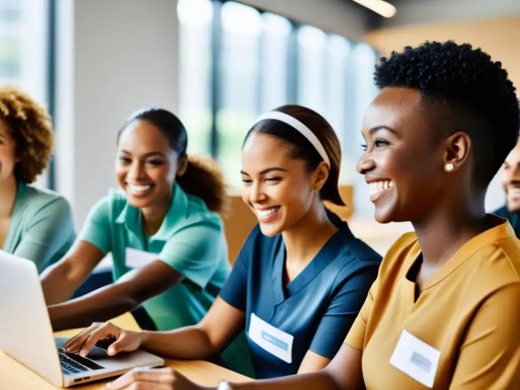 Un grupo diverso de voluntarios sonriendo mientras colaboran para procesar donaciones online para una ONG