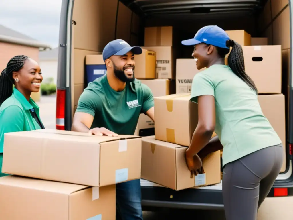 Grupo diverso de voluntarios descargando donaciones de un camión, mostrando colaboración y compasión