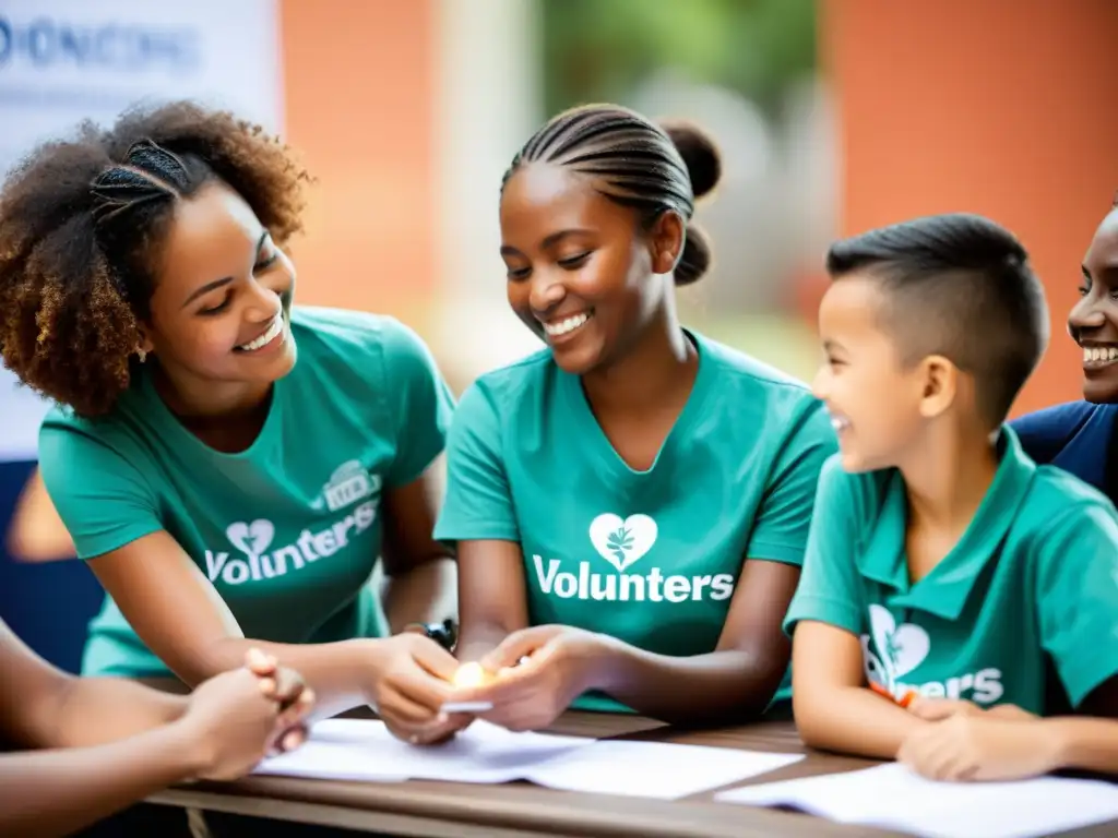 Grupo diverso de voluntarios y donantes trabajando en un evento de ONG, con interacción conmovedora entre un niño y un voluntario