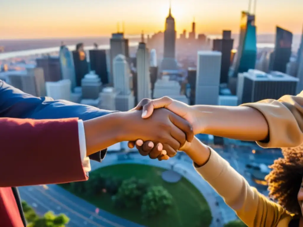 Un grupo diverso de voluntarios y donantes de organizaciones sin fines de lucro se reúnen, sonriendo y tomados de las manos, con una vibrante ciudad de fondo al atardecer