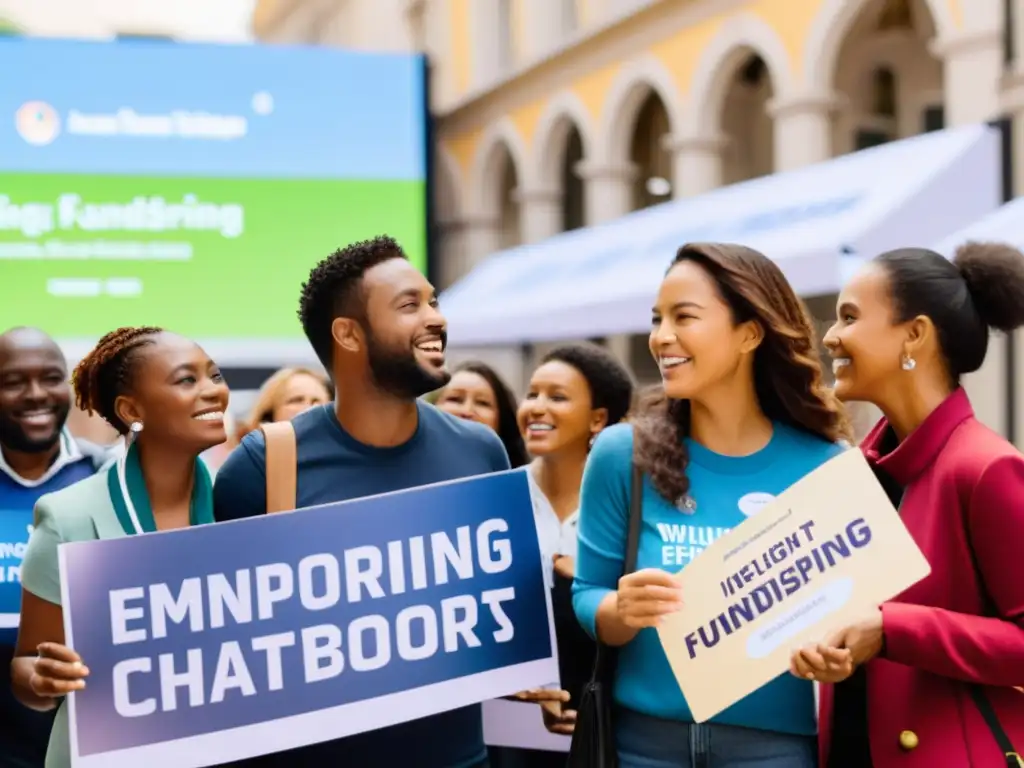 Un grupo diverso de voluntarios y donantes entusiastas se reúne en una concurrida plaza de la ciudad, sosteniendo pancartas con mensajes empoderadores sobre la recaudación de fondos con chatbots inteligentes