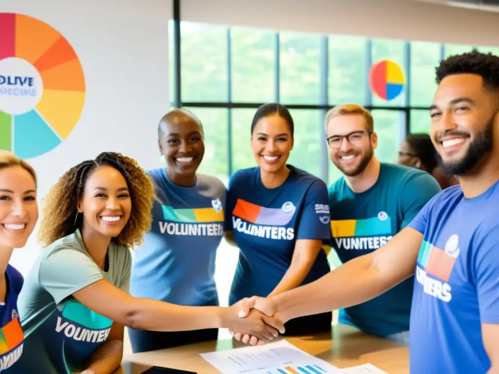 Un grupo diverso de voluntarios y donantes sonrientes se reúnen en una oficina moderna, compartiendo en un ambiente cálido y entusiasta, rodeados de gráficos coloridos que muestran el impacto positivo de sus esfuerzos de recaudación de fondos para ONGs