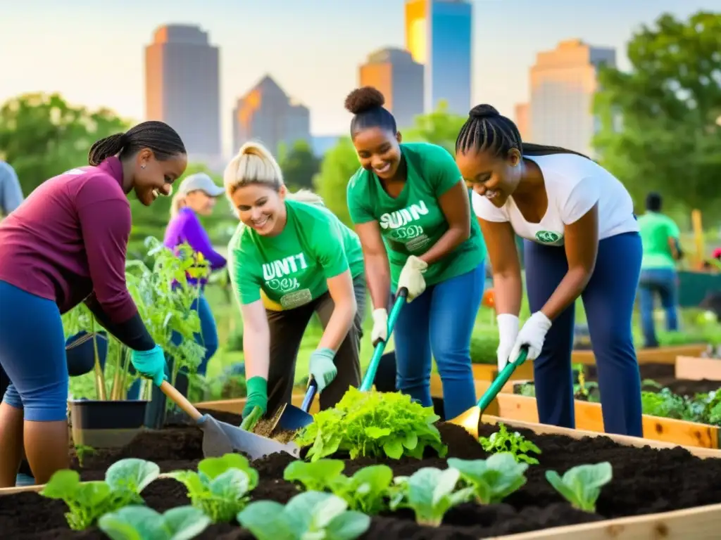 Un grupo diverso de voluntarios de todas las edades trabaja juntos para construir un jardín comunitario en un vecindario urbano