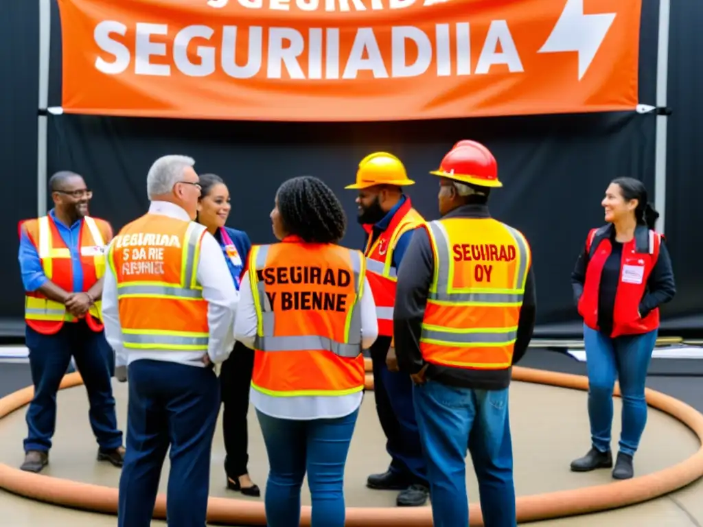 Un grupo diverso de voluntarios se reúne para un ejercicio de capacitación en seguridad, rodeados de equipo de seguridad