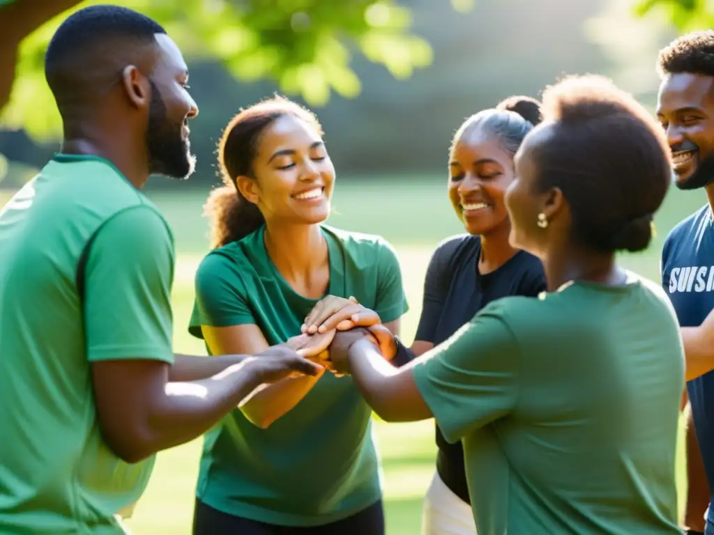 Grupo diverso de voluntarios practicando ejercicio de confianza al aire libre, promoviendo el desarrollo de liderazgo en ONGs