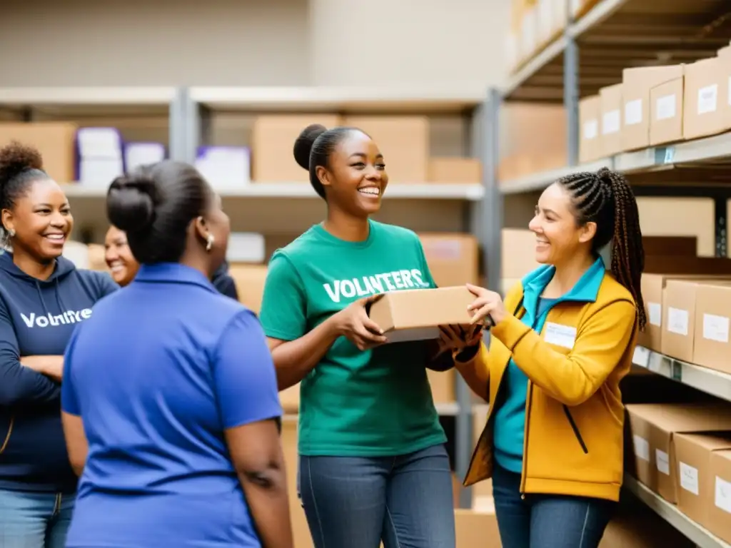 Colaboración comunitaria: Empleados y voluntarios donando esperanza Un grupo diverso de voluntarios y empleados colaboran en un centro comunitario, organizando donaciones para familias necesitadas