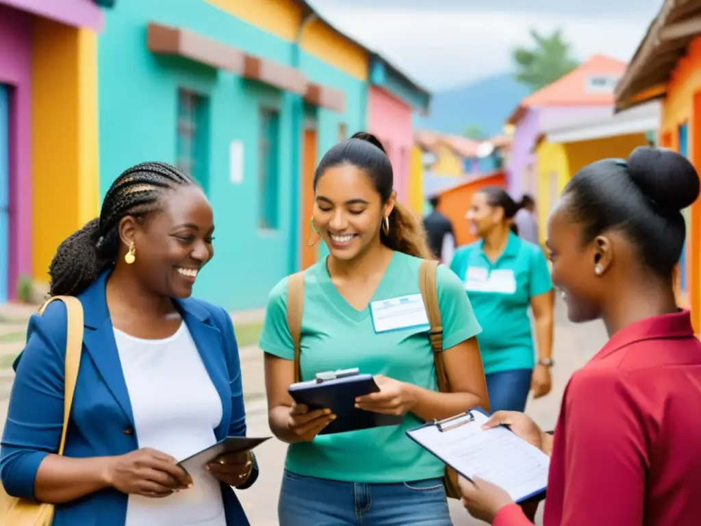 Un grupo diverso de voluntarios realiza encuestas éticas en una comunidad, mostrando empatía y escucha activa