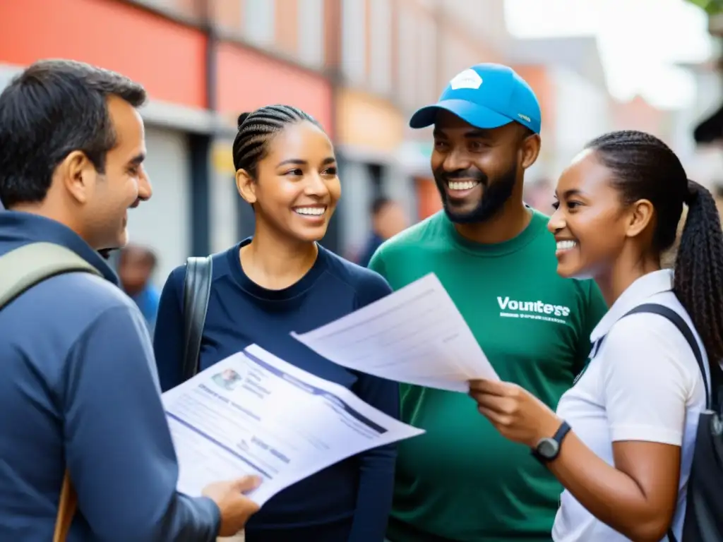 Un grupo diverso de voluntarios realiza encuestas efectivas para ONGs en una comunidad urbana, mostrando autenticidad y conexión genuina