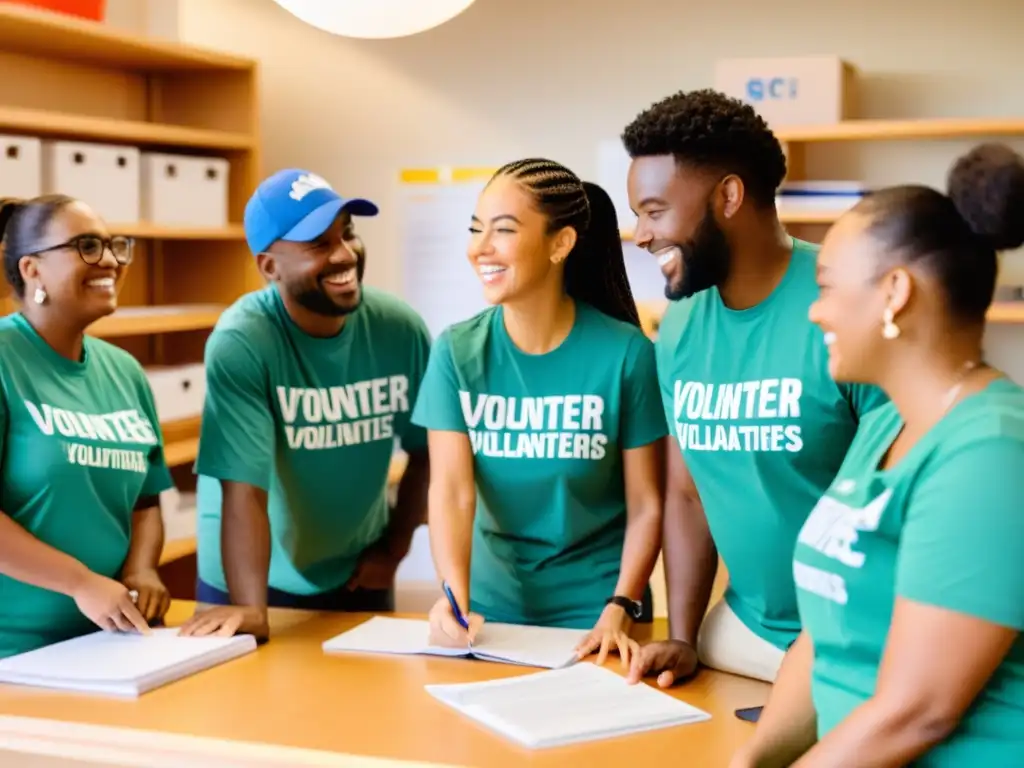 Un grupo diverso de voluntarios, colaborando con entusiasmo en una organización sin fines de lucro