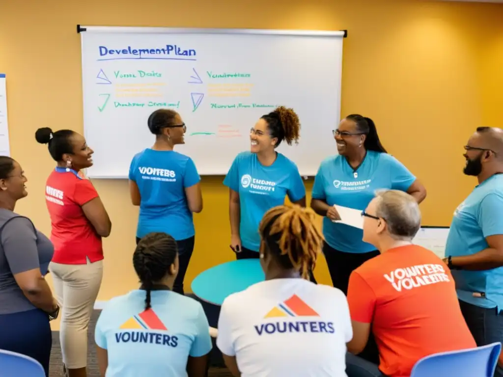 Grupo diverso de voluntarios participa entusiasta en entrenamiento de ONG