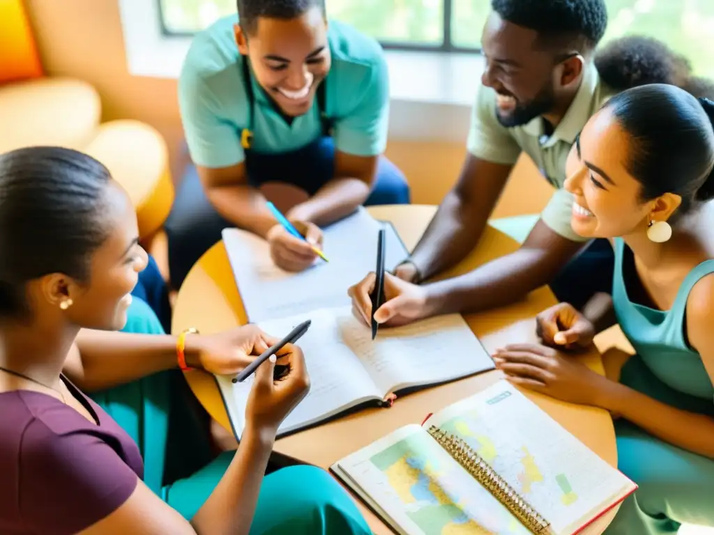 Un grupo diverso de voluntarios preparándose para equipos de voluntariado internacional, participando en una animada discusión rodeados de mapas y materiales culturales